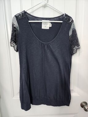H&M L.O.G.G. Lace Sleeve Top in Blue, Size XL